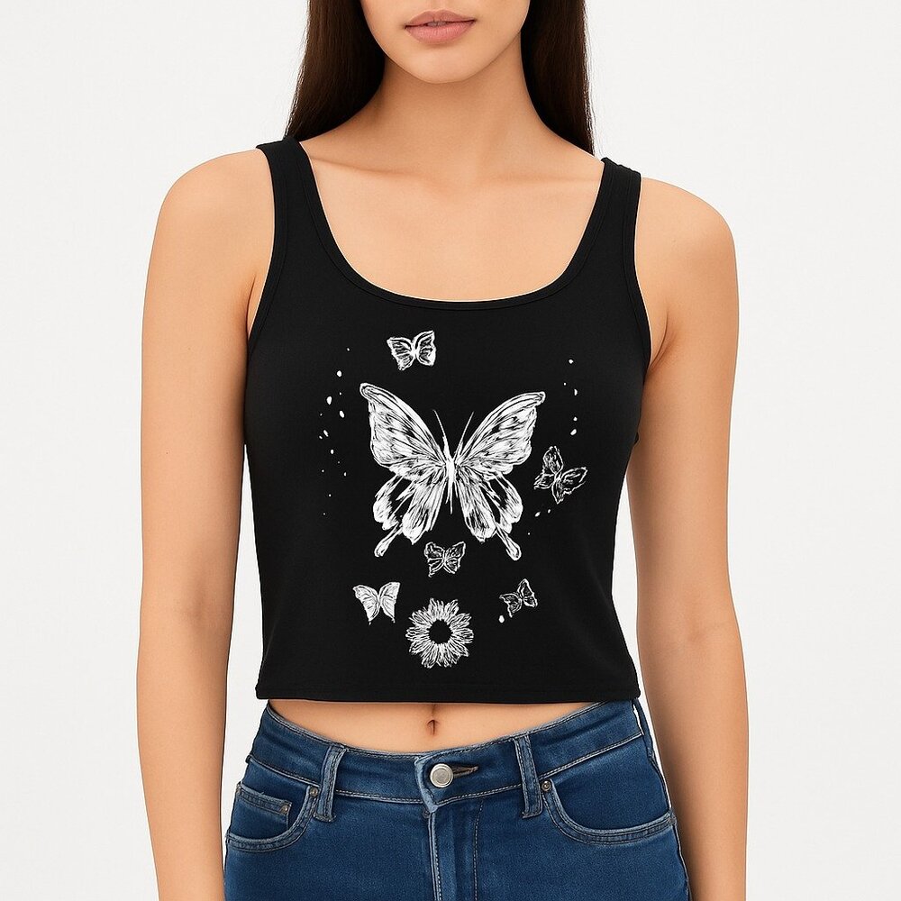ROMWE Black Butterfly Graphic Crop Tank Top Size M Y2K Grunge